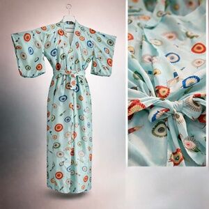 Vintage 1950–60s Rayon Kimono Robe • Aqua Parasol Print • Mid-Century Loungewea